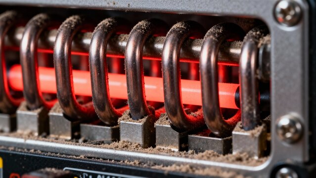A close-up reveals a glowing heating element with a bright red core surrounded by a series of metallic coils. Dust clings to the surface, hinting at unnoticed use.