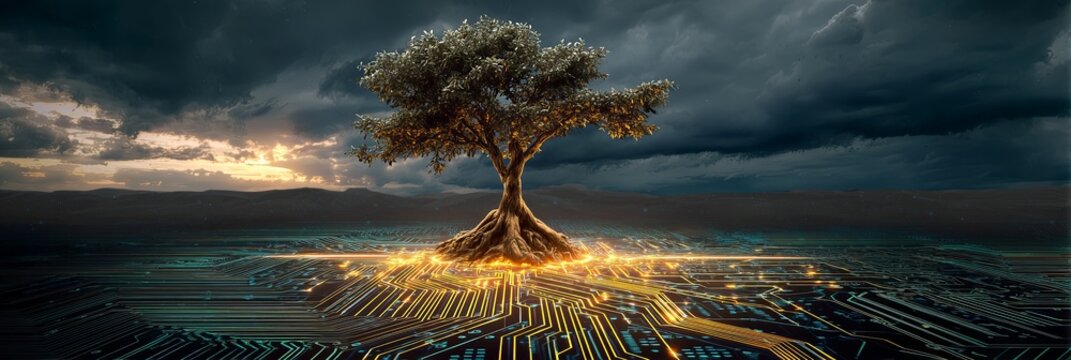 Glowing tree with lightning-like roots grows from a circuit board under stormy skies. The dramatic scene evokes resilience, hope, and nature&rsquo;s enduring strength amid chaos.