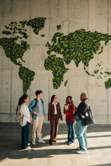 Group of diverse university students and professor discussing worldwide education and sustainable future concepts in front of a moss map