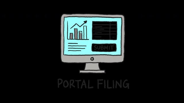 Hand drawn illustration of portal filing on computer monitor with submit button, 4k animated video, alpha transparent video