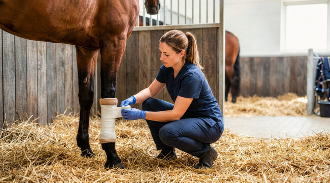 Female veterinarian wrapping a bandage around a horse's leg. Equine injury treatment in a stable.