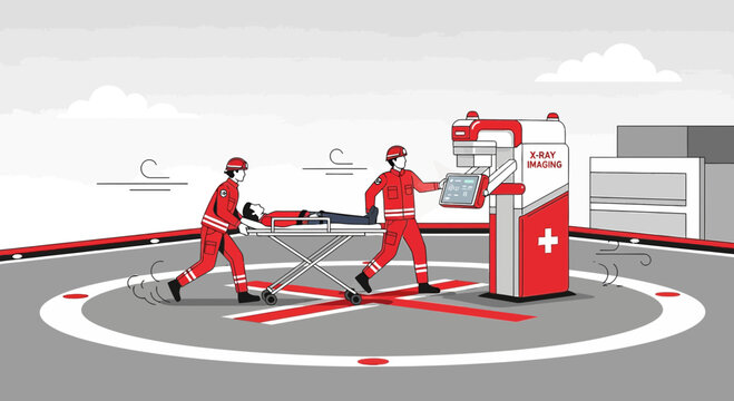 Medical Team Transporting Patient to X-Ray Machine on Helipad