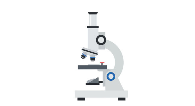 Detailed gray microscope with black accents and blue circles on stage and arm laboratory equipment