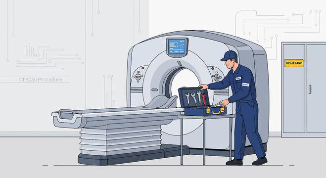 Medical Technician Inspecting CT Scanner with Tools