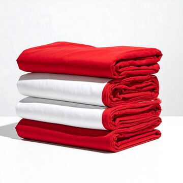 Stacked fabrics red, white, red. Simple, clean studio shot, slightly soft, soft lighting, minimal aesthetic