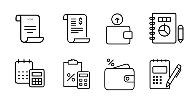 Debit bill and financial planning outline icon set featuring invoice payment, digital wallet, money calculation, and tax percentage document vector illustration on editable stroke