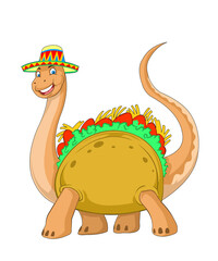 Cute Tacosaurus dinosaur character, funny Mexican taco brontosaurus with sombrero hat, spicy food mascot illustration, isolated on transparent background. © Totu Tayo
