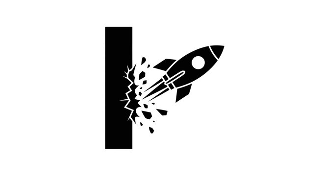 Minimalist Rocket Crashing into Wall Logo Design Illustrating Breakthrough Innovation Disruptive Technology Startup Branding Success Concept and Powerful Impactful Solution for Business Growth
