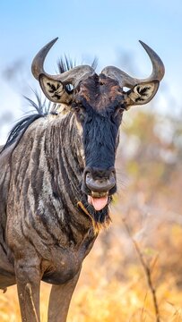 Wildebeest portrait, face forward, sticking tongue out in sunny African landscape, blurred background