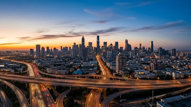 Aerial view of modern metropolitan city skyline with highway interchange at sunset