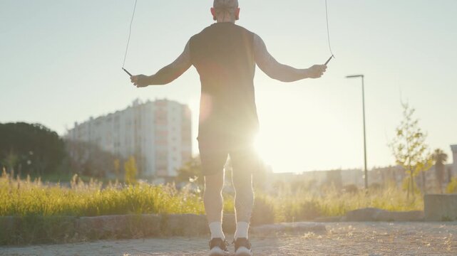 Tattooed athlete jumping rope during sunset workout