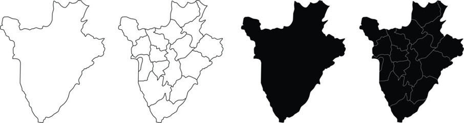 Burundi map outlines and silhouettes with internal province borders in black and white © farhanatisha
