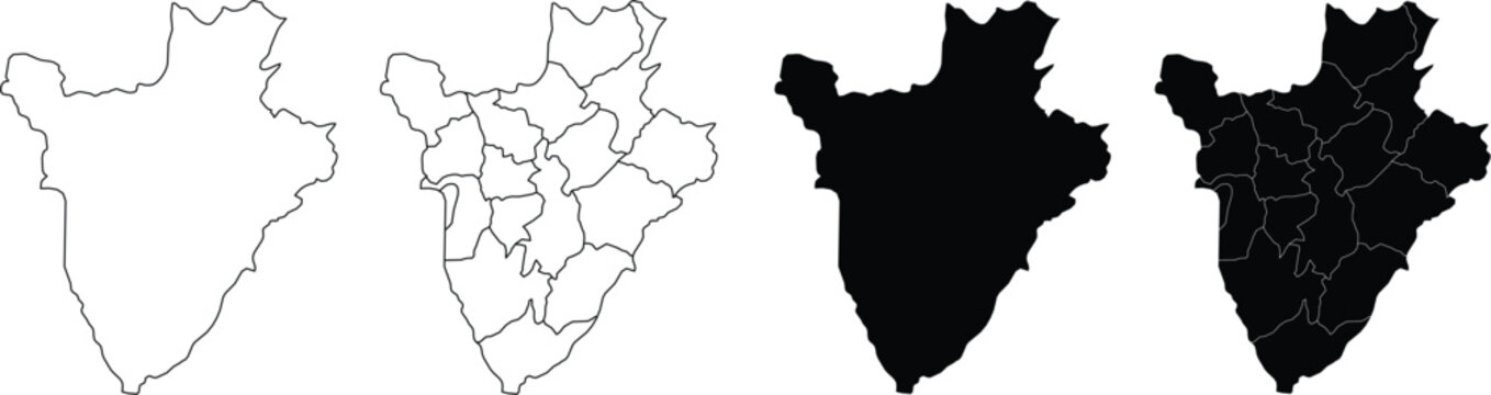 Burundi map outlines and silhouettes with internal province borders in black and white