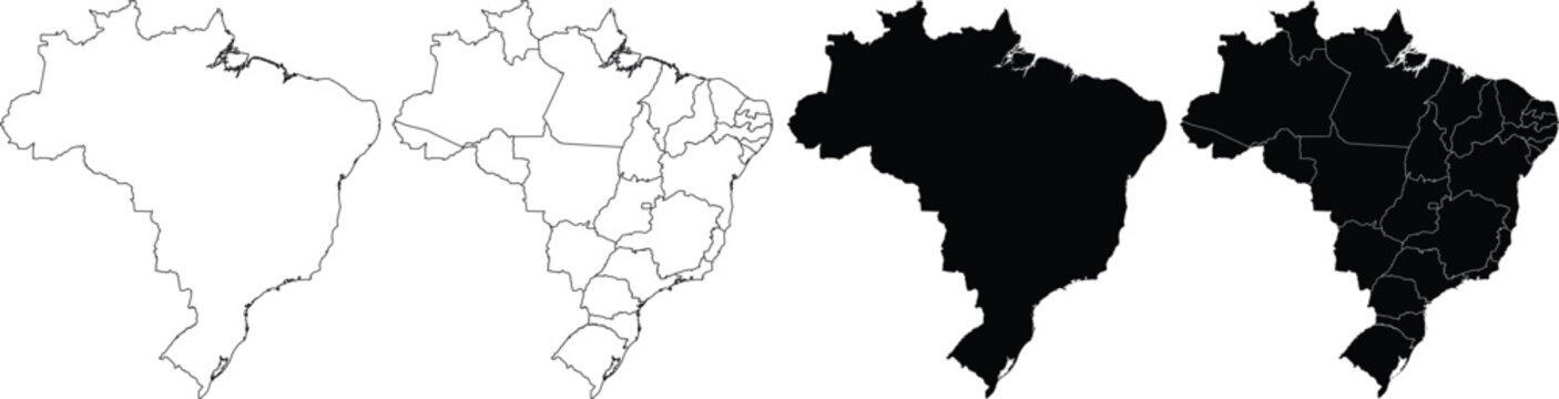 Four variations of brazil map outlines with and without internal state borders in black and white