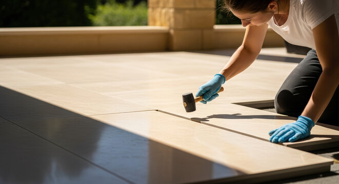 A skilled worker focused on tiling a patio with a sense of determination, highlighting the precision of summer home renovation against a sunny outdoor background.