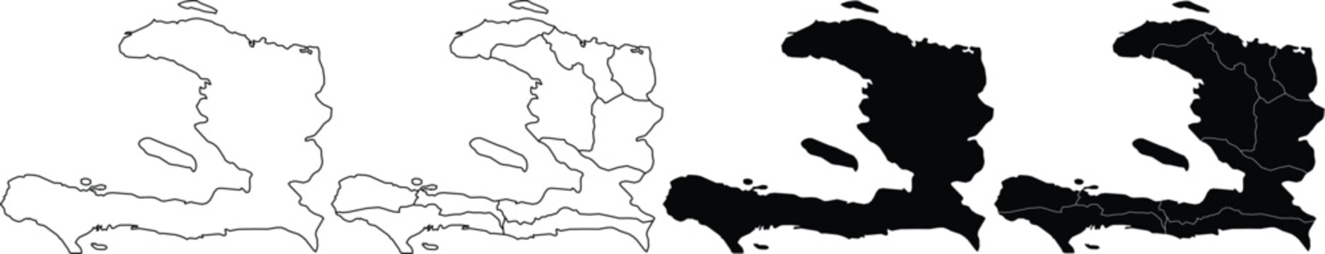 Set of four haiti map silhouettes showing outline and internal administrative department borders