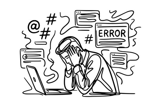 Man stressed over laptop with multiple error windows in simple line style on white background, concept of digital frustration. Concept of burnout and digital noise