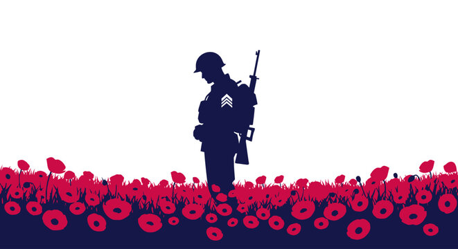 A soldier stands solemnly in a field of red poppies holding a rifle