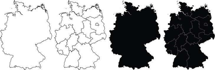 Four variations of germany map silhouettes showing outline and federal state borders © farhanatisha