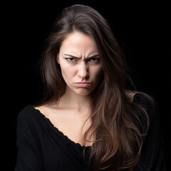 Fototapeta premium Porträt einer jungen Frau mit verärgertem, frustriertem Gesichtsausdruck, emotional und authentisch, minimalistisch mit Copyspace für Emotion- und Mental-Health-Themen.