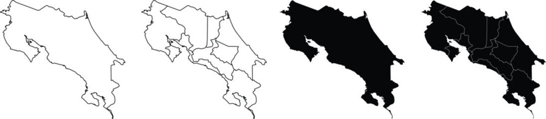 Fototapeta premium Four variations of costa rica map silhouettes with and without internal province borders