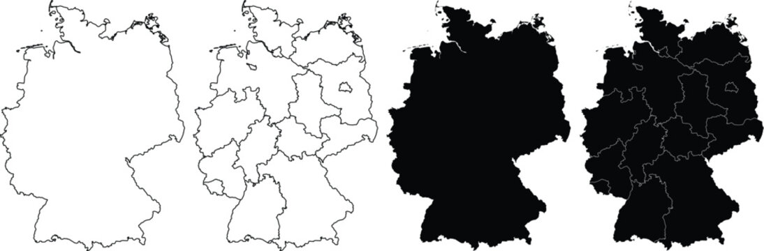 Four variations of germany map silhouettes showing outline and federal state borders