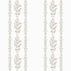 Elegant seamless pattern featuring vertical floral stripes with delicate peach blossoms and green vines on white. Ideal for nursery textiles, wedding stationery, and botanical home decor prints. © Svitlana Kulibaba 