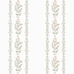Elegant seamless pattern featuring vertical floral stripes with delicate peach blossoms and green vines on white. Ideal for nursery textiles, wedding stationery, and botanical home decor prints. © Svitlana Kulibaba 