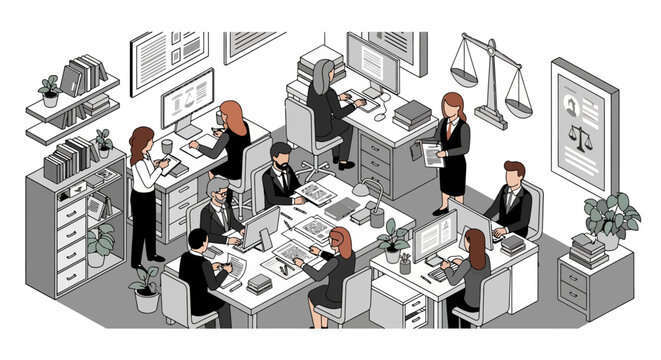 Lawyers and staff working in a busy law office environment.