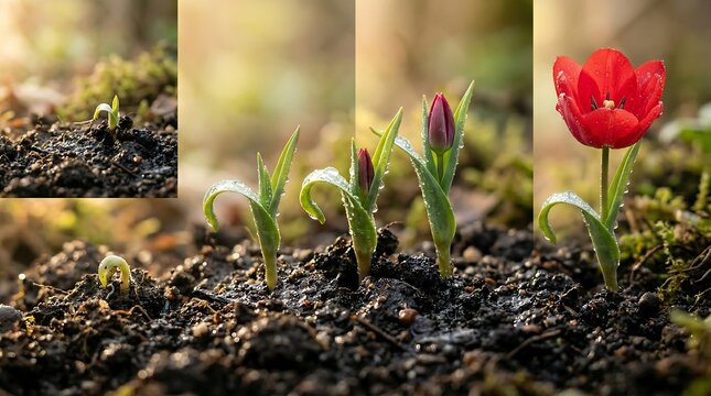 Sequence showing a young plant emerging from the earth and developing into a vibrant red tulip in full bloom