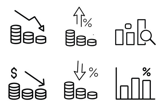 Financial stock market and chart outline icon set featuring coin stack with growth arrow, decrease bar graph, percentage data analysis, and money loss vector illustration on editable stroke