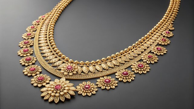 Intricate gold necklace with red gemstones and floral motifs