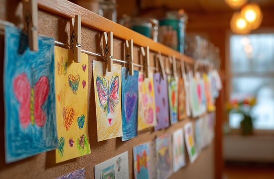 Colorful children's drawings of butterflies and hearts are meticulously hung with wooden clothespins on a string against a warm and textured cork board background