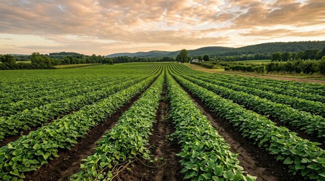 Lush sweet potato plants growing in parallel rows on a large farm field, breathtaking nature photography, lush, plant, parallel, row, large, farm, field, agriculture, realistic organic detail,