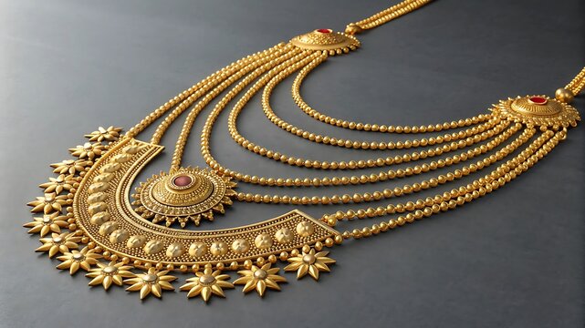 Intricate gold necklace with layered chains and floral embellishments