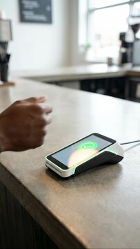 Man using a smart wristband to make a contactless payment at a modern cafe terminal with a green check mark on the screen