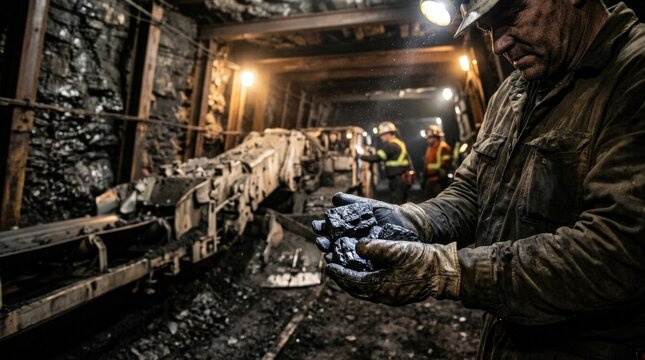 Coal in miner holds. Concept industry mining, photorealistic extractive industry scene, vast scale and rugged machinery detail, dusty air and earthy texture, coal, hand, energy, miner, industry,