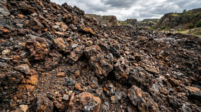 Detailed close-up of an iron ore slag heap in natural terrain, rugged mineral texture, earthy tones, industrial geology detail, photorealistic macro landscape photography, ultra-detailed, 8K, raw