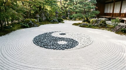 Obraz premium A carefully arranged yin yang pattern made from smooth stones in raked sand, circular spiral grooves and balanced symmetry evoking zen meditation, Japanese rock garden atmosphere, peaceful morning
