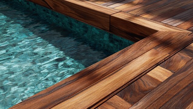 Pristine turquoise swimming pool water ripples gently against the meticulous craftsmanship of a dark tropical hardwood deck under bright outdoor sunlight