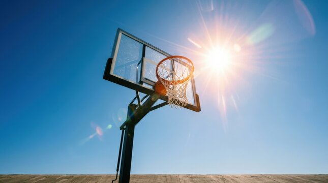 Basketball hoop against sky captured from low angle, sunlight flare and clear blue sky, minimal composition, sense of achievement and sport, shot on Canon EOS R5,no logos