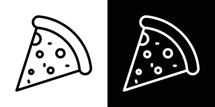 Pizza slice icon designed in black stroke and fill styles, isolated on a white background. Ideal for food, fast food, and restaurant concepts.