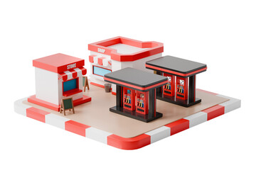 3d convenience store gas station icon. roadside retail concept. minimal cartoon shop fuel pumps canopy for locator app. isolated on white transparent background. 3d render. © Theeraphat