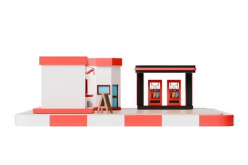 3d convenience store gas station icon. roadside retail concept. minimal cartoon shop fuel pumps canopy for locator app. isolated on white transparent background. 3d render. © Theeraphat