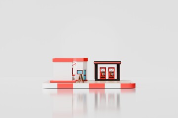 3d convenience store gas station icon. roadside retail concept. minimal cartoon shop fuel pumps canopy for locator app. isolated on white transparent background. 3d render. © Theeraphat