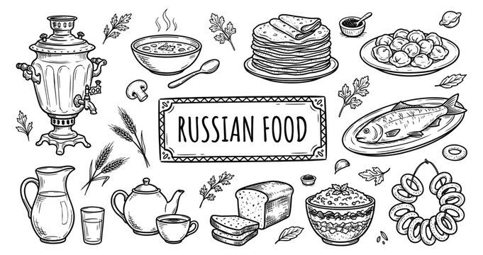  Traditional russian food and cuisine with samovar and blini sketch