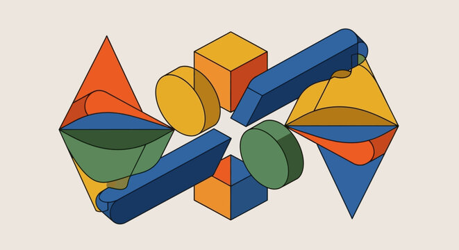Abstract geometric shapes in isometric perspective.