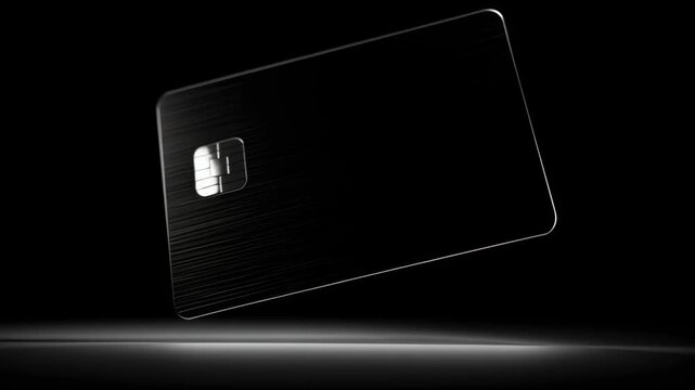 Premium black credit card with brushed metal texture slowly rotating, copy space