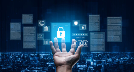 A hand reaches toward a digital lock icon in a high-tech cyber environment, emphasizing the...