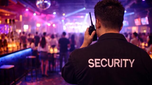 Back view of a security guard monitoring crowded at a vibrant concert or nightclub.

